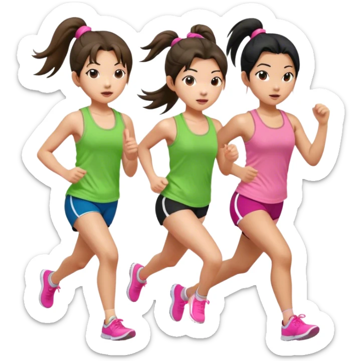 two asian girls ponytail. one with green tank top and pink tank top running sticker