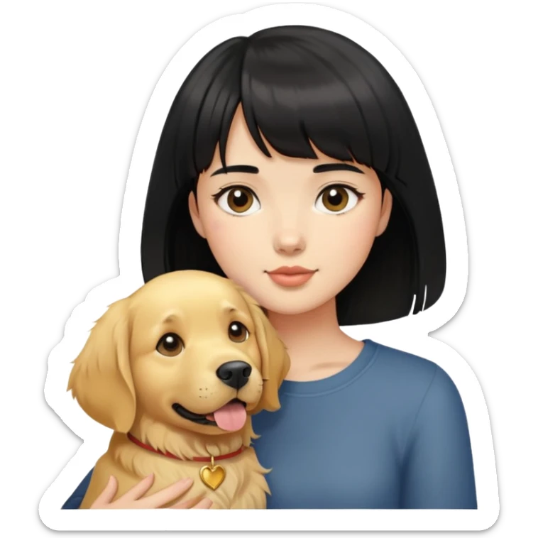 A girl with short black hair and bangs holding a golden retriever sticker