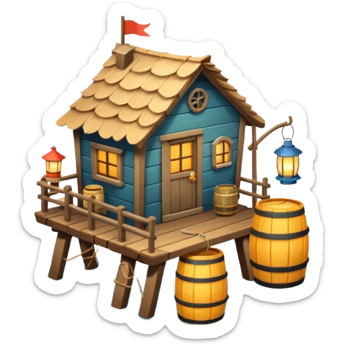 
fisherman house on a wooden pier, small dock, fishing nets hanging, barrels, lantern, ocean vibe, 3D cartoon, cute mobile game icon, clean background, no text
 sticker