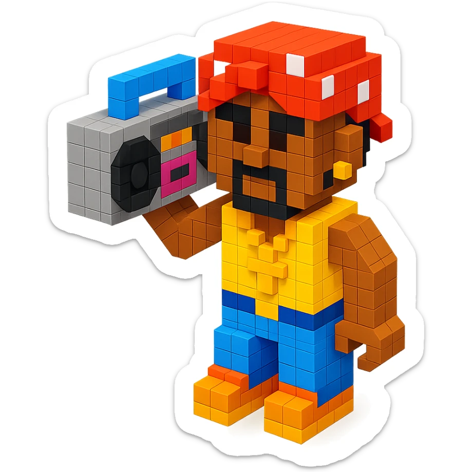 Lego 2Pac holding a boombox, detailed and colorful, retro hip-hop vibe sticker
