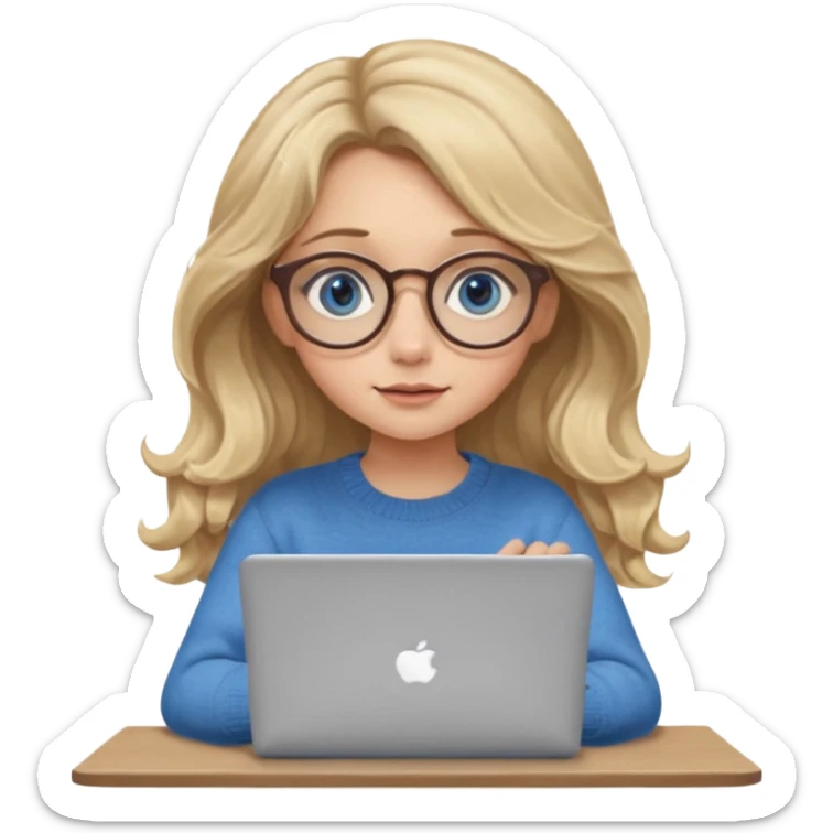 blonde girl with long dark blonde wavy hair, blue big eyes, pantos-style glasses, a brown sweater, sitting and looking in laptop, soft pastel, upper body shot sticker