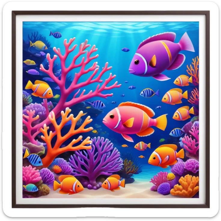 Cinematic Realistic Coral Reef Emoji in a wooden frame, Vibrant and alive, with colorful corals in hues of pink, purple, and orange, swaying gently with the underwater currents. Schools of tropical fish dart between the coral, with soft rays of sunlight piercing through the clear blue water above, creating a magical, serene underwater world. Soft glowing outline, capturing the essence of the bustling, colorful, and peaceful aquatic paradise. sticker
