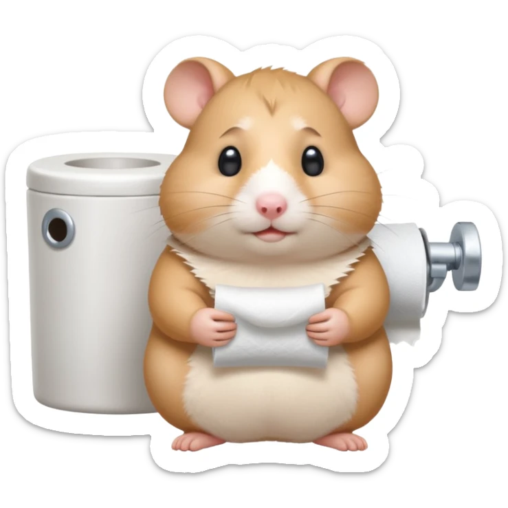 Cute chubby cartoon-style hamster sitting on toilet holding toilet paper looking as if he had an accident, sticker-style illustration sticker