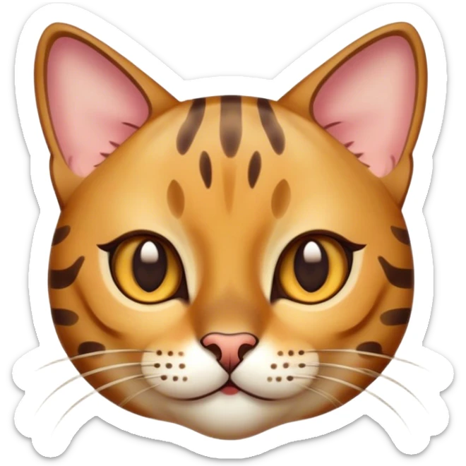 Cinematic Cute Bengal Cat Portrait Emoji, Playful and charming, sleek spotted brown and gold tones, Simplified yet adorable features, highly detailed, glowing with a warm, friendly glow, high shine, curious and affectionate, stylized with a touch of whimsy, head tilted in a playful and inquisitive manner, soft glowing outline, capturing the essence of a mischievous yet loving kitten, so endearing it feels like it could pounce out of the screen and play! sticker