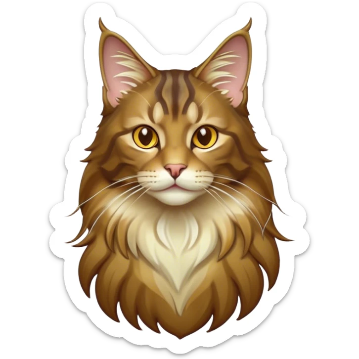 Cinematic Maine Coon Cat Portrait Emoji, Elegant and alert, sleek brown, gold, and cream tones, Simplified yet sharp features, highly detailed, glowing with a warm, confident glow, high shine, intelligent and poised, stylized with an air of grace, focused and attentive, soft glowing outline, capturing the essence of strength and grace, so lifelike it feels as though it could spring into motion with its majestic tail swishing at any moment! sticker