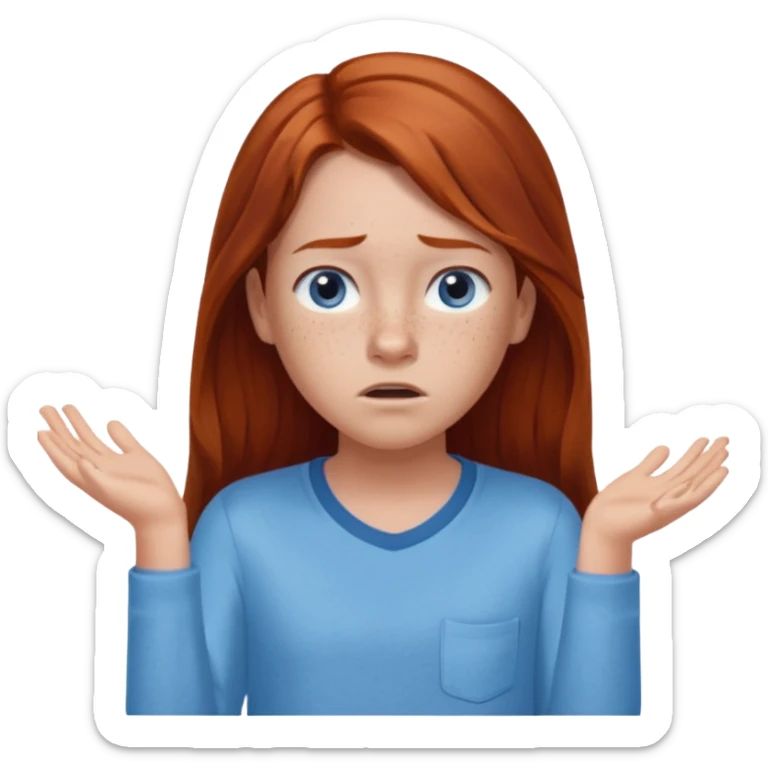 shrugging confused emoji tween long auburn hair light blue shirt with a darker blue L sticker
