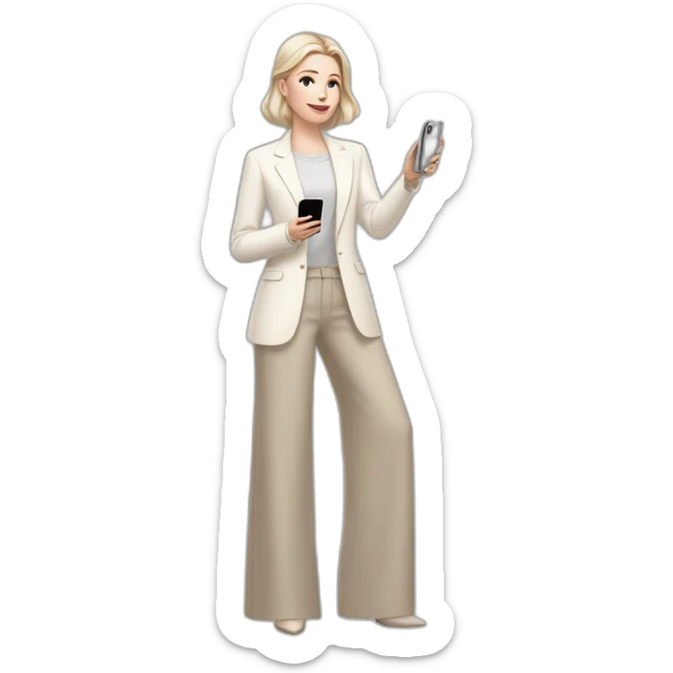 pale skin woman with ash blonde Straightened bob Hair, White Spacious classical jacket, beige palazzo Arrow pants and gray blouse holding white IPhone 14 pro in the hands sticker