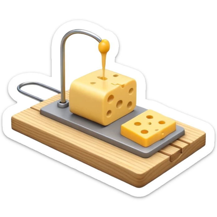 A 3D emoji in iOS emoji aesthetic style of a small mousetrap on a wooden base with a tiny gray mouse approaching a small piece of yellow cheese on it, minimal white background, bright lighting, clean and glossy Apple-style design sticker