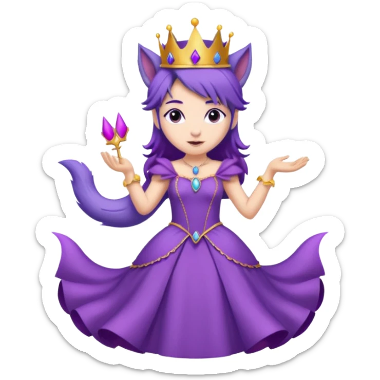 A princess wearing a purple dress and crown with purple hair and purple wolf ears and purple wolf tail character. doing different actions against a white background And make a gap between each illusion sticker