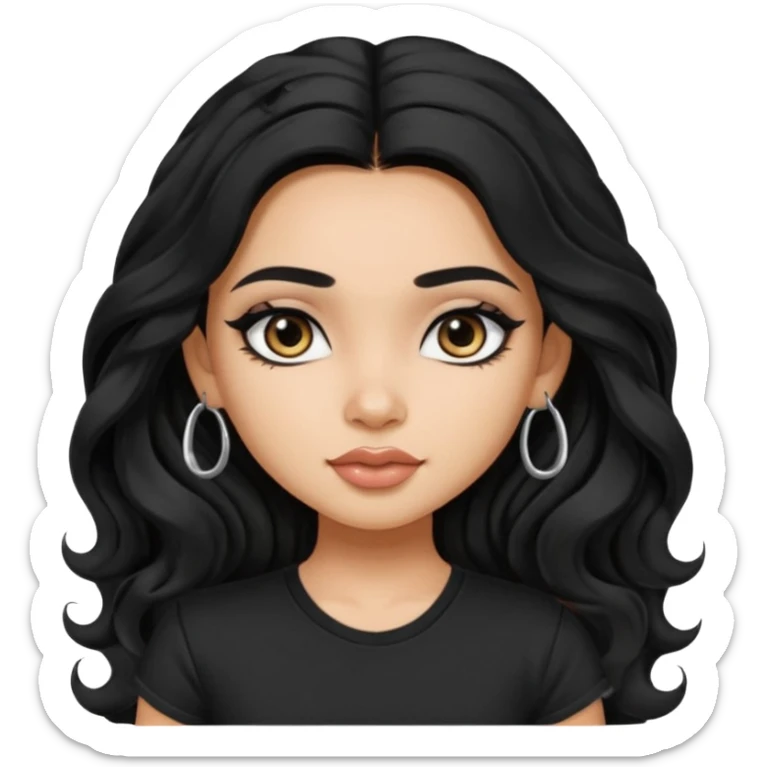 a pretty FAIR indian bratz girl with wavy long black hair, wearing a black tshirt, eyeliner on sticker