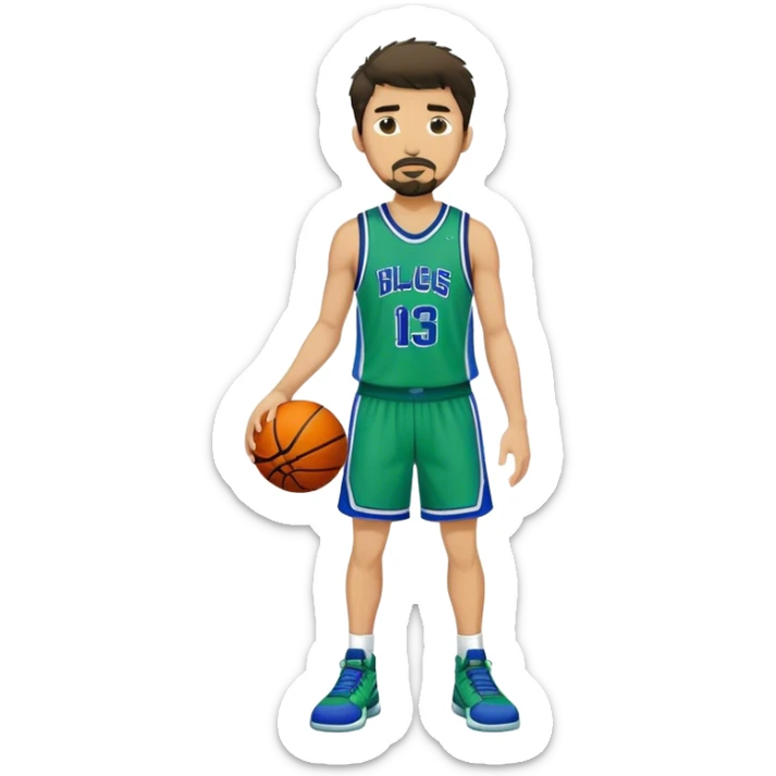 Full Body white male basketball player with short dark shaggy hair and goatee wearing green and blue uniform sticker
