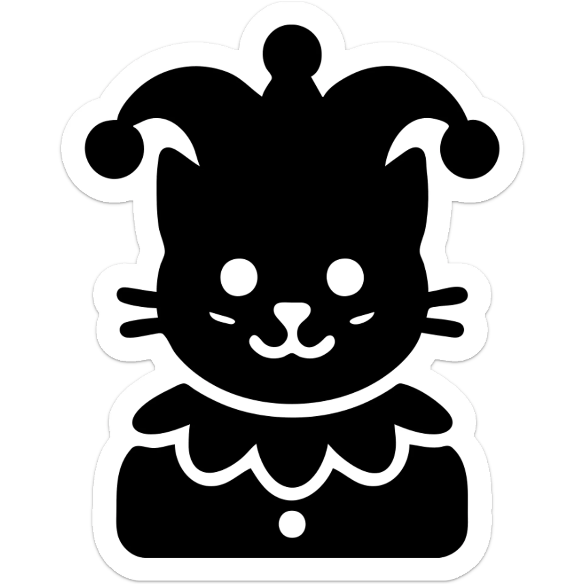crazy cute little cat jolly joker from poker, medieval, vintage, court jester, mac os icon, purple, gold and red color, head + torso. Squared shape as 3D mac os system icon, symmetrical sticker