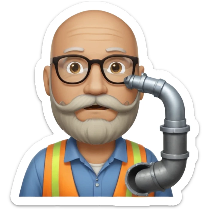 50 year old bearded and moustached white male wearing glasses. In his mouth is a sewer pipe and out the end is flowing brown liquid into a street gutter. sticker