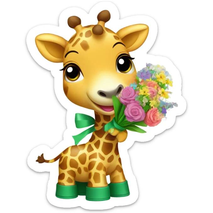 baby giraffe wearing green wellies holding a bouquet of flowers  sticker