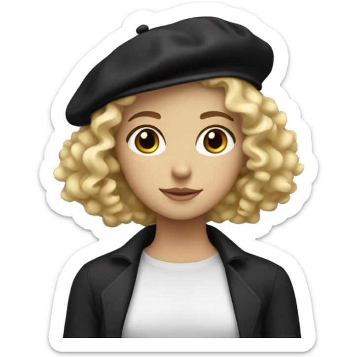 blonde, curly haired girl with grey eyes and freckles, wearing a black beret.  sticker