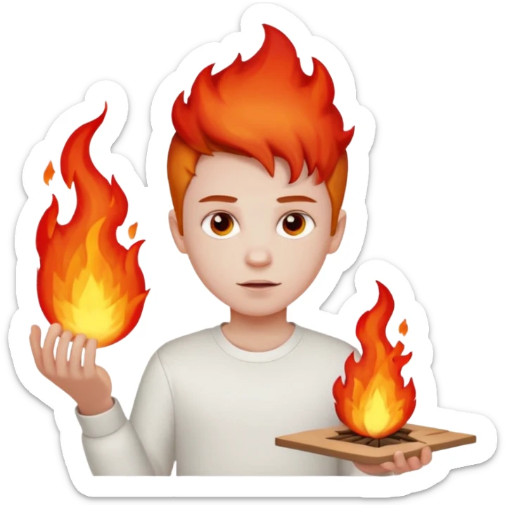 A boy with no hands fire instead made out of red fire and the boy is wearing a white shirt that has a sign that says FIRE CREATOR  sticker