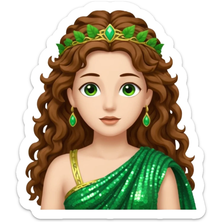 Terra, Goddess of Earth from Roman Deities with long brown wavy hair, green sequin toga  sticker