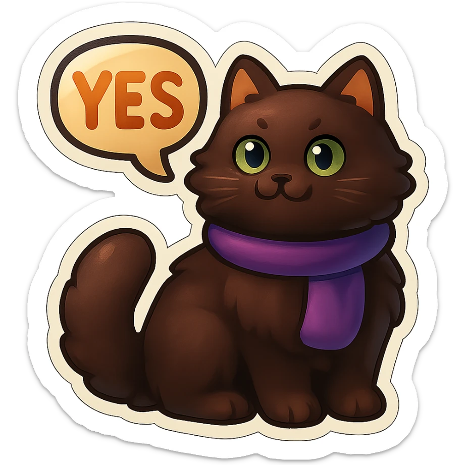Fluffy dark-brown cat with green eyes and a purple scarf saying ‘YES’ (with a speech bubble) sticker