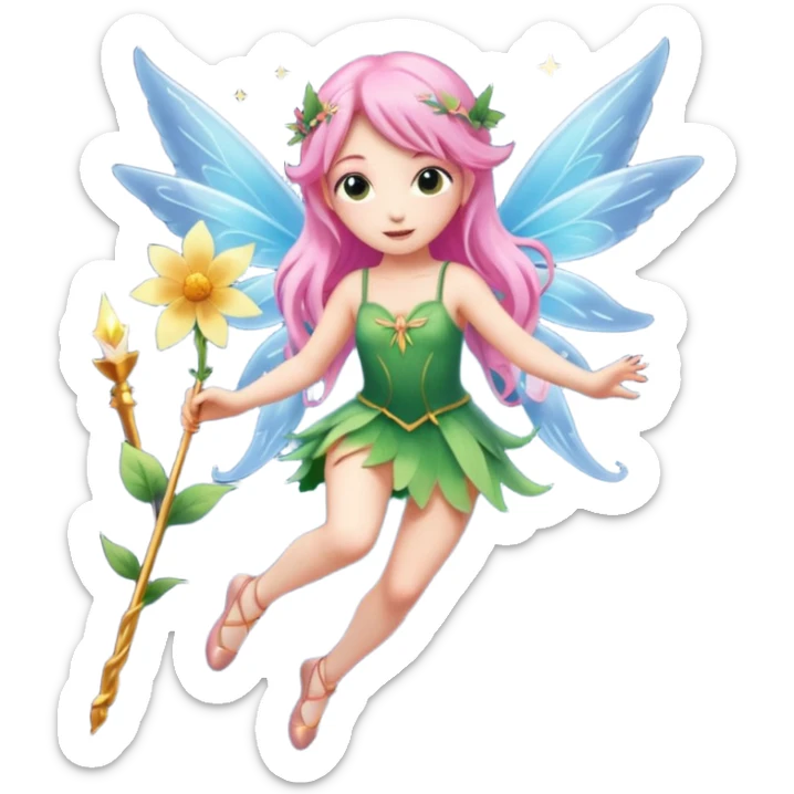 A flower fairy girl with long light pink hair, holding a magic stick, one leg straight and the other bent,flying， her whole body covered in fairy wings like Wendy's in Peter Pan. sticker