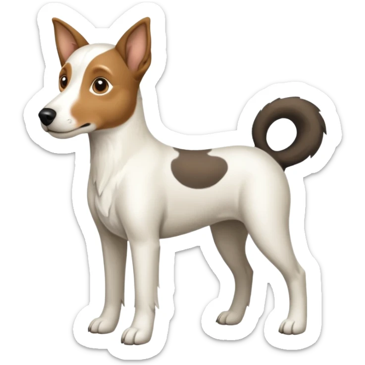 a full body large white floppy eared parson russell looking dog the size of a kelpie with light brown ears and a light brown patch on one eye and a large snout sticker