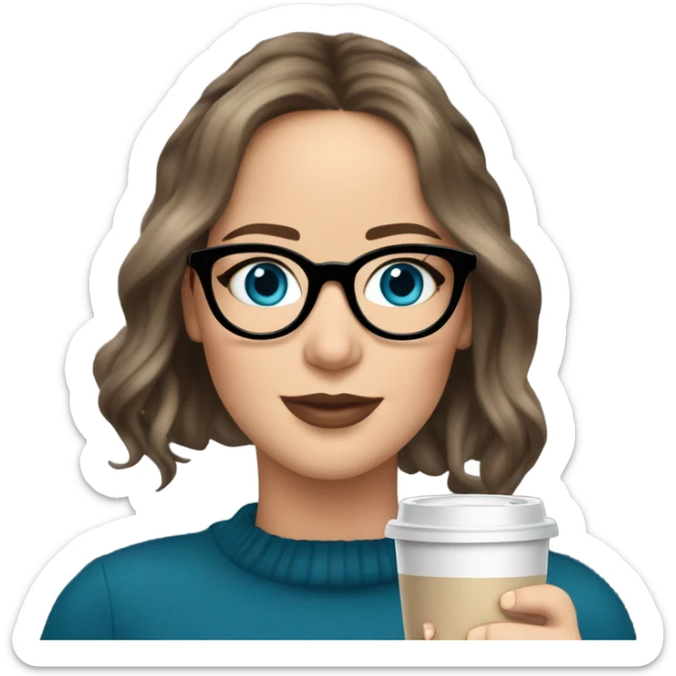 Photo of Brunette Jennifer Lawrence wearing black glasses and blue eyes drinking hot coffee  sticker