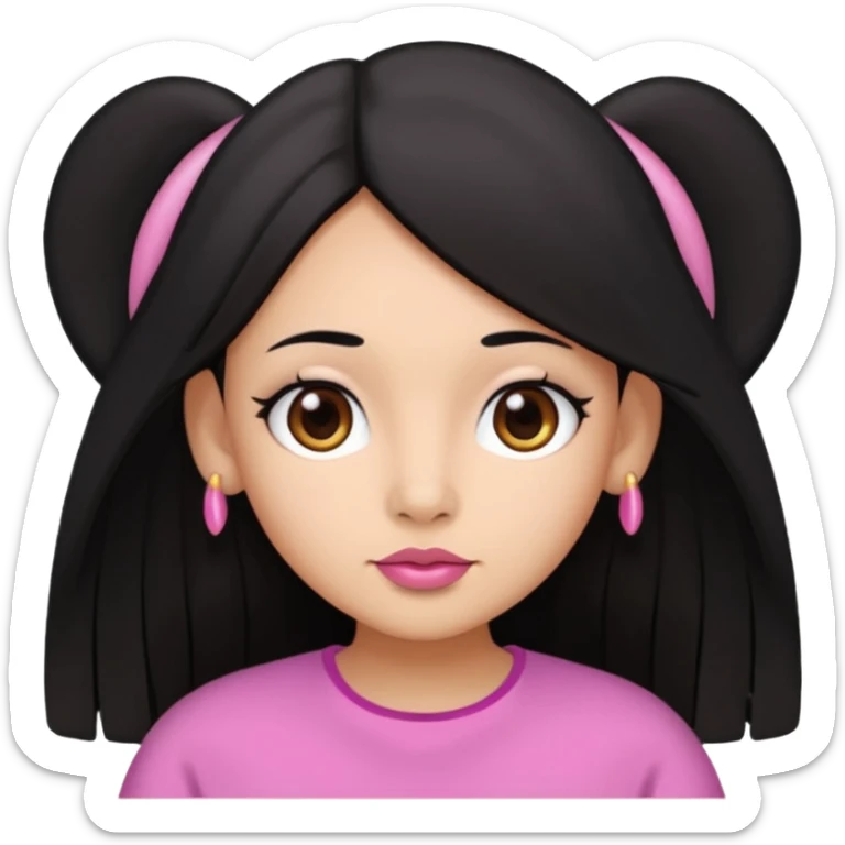 Gordita, ojos pequeños de color cafe oscuro, labios pequeños y rosados, piel trigueña, orejas pequeñas, cabello largo lazio y negro. sticker