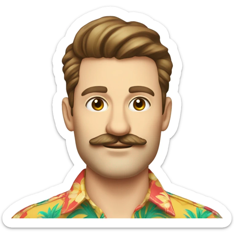 Soft male caucasian Trader Joe's employee with tropical shirt and hipster handlebar-type moustache and brown hair. 34 years old. sticker