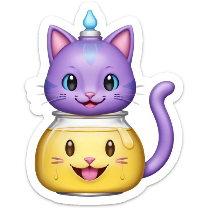 Smiling bottle of oil light purple top and light blue sticking tongue out and with cat ears sticker