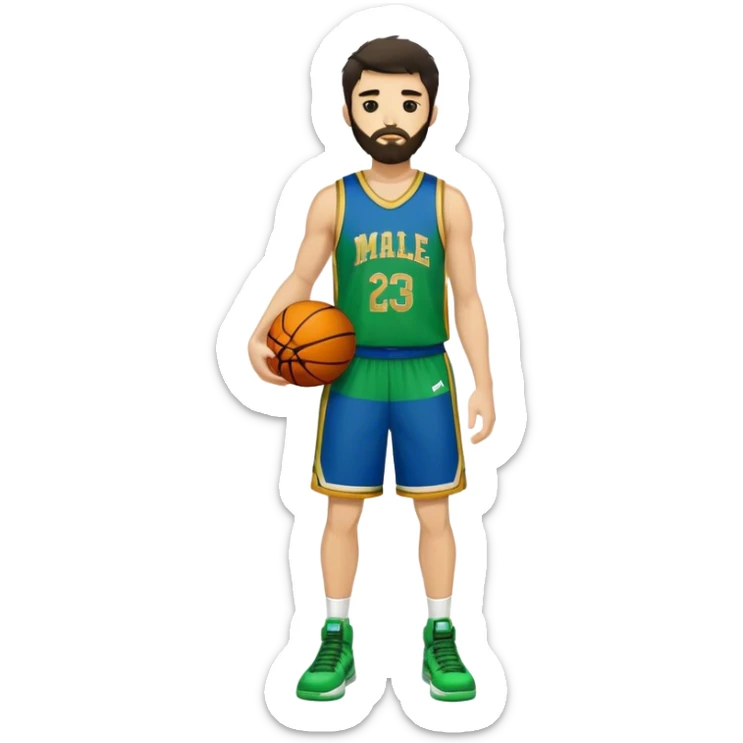 Full Body  white male basketball player with short shaggy dark hair and gold tee beard wearing blue and green uniform sticker