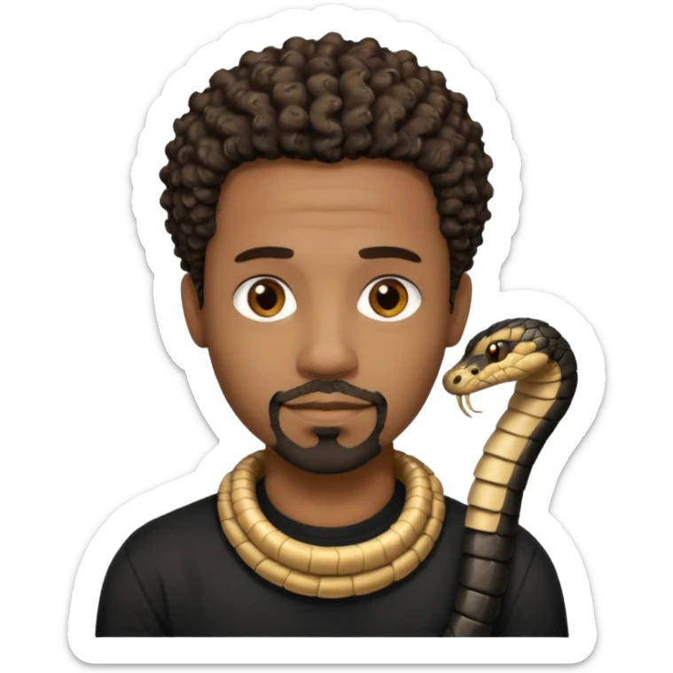 Homme couleur de peau noir, yeux marron avec un bouc que le menton, cheveux court et bouclé crépus avec dégradé sur le côté, avec un cobra à côté , t-shirt noir  sticker