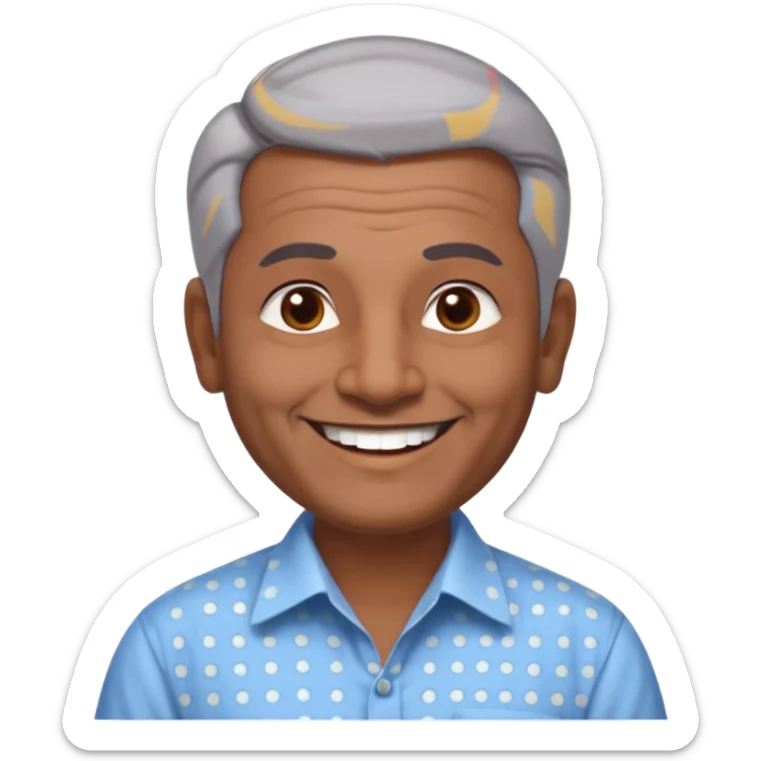 50 yr old indian man, dark skin, grey hair, big smile, white teeth, chubby, no moustache, clean shaven, young style hair, hair brushed back, 5 oclock shadow, bindy on forehead, dress shirt, forehead dot sticker