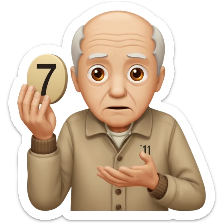generate iphone emoji of a old gguy hold '7' and '11' numbers on hands scaried sticker