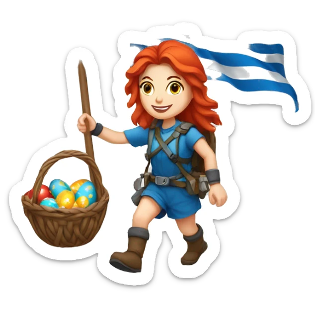 Greek Female winter mountaineer red hair white skin climbing with Greek Flag and Easter eggs basket sticker