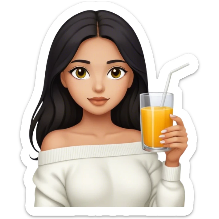 Latina girl with dark long hair and dark eyes and olive skin wearing white off shoulder sweater with juice sticker