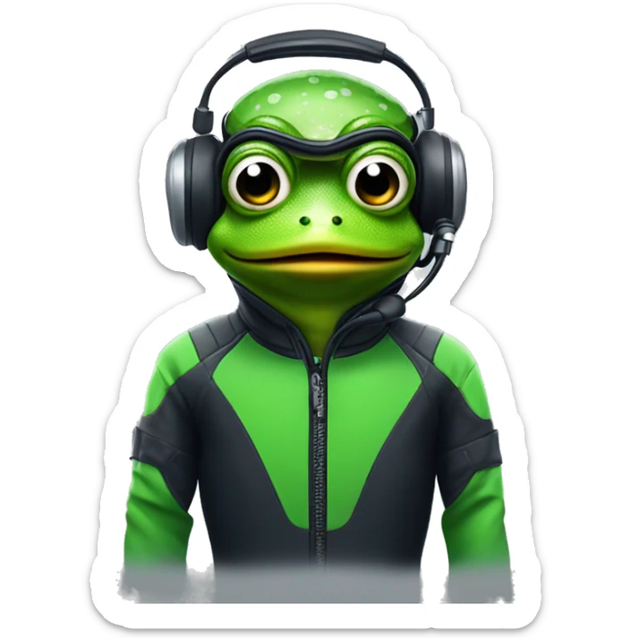 generate a frog with headphone in a scuba suit in an f1 car sticker