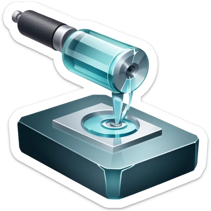 Glassworking icon, piece of glass being cut or polished, glass cutter, grinder, smooth shiny surface, sparks or glass shards, minimalistic style, clean lines, transparent background. sticker