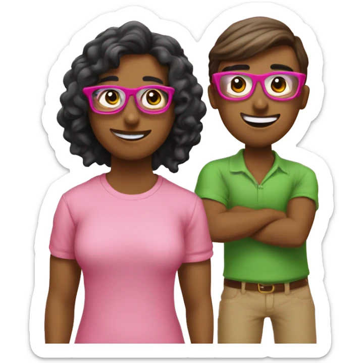 4 amigos, 3 mujeres y un chico, una de las chicas con gafas al igual que el chico, que se vean inteligente, que la ropa que lleven combine y sean en tonos rosados y verdes. sticker