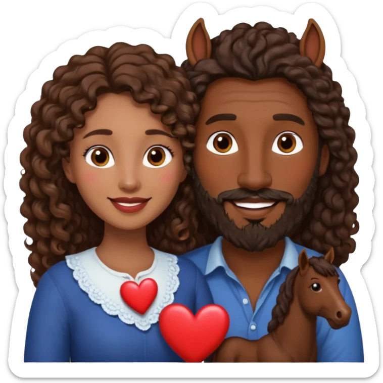 pareja de Mujer morena rizada cabello largo castaño ojos oscuros y hombre piel blanca con caballo oscuro con barba y ojos marron alrededor de la pareja corazones sticker