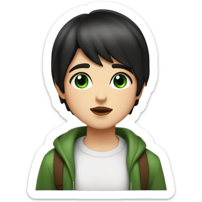 Girl black hair square green eyes plump lips kisses a boy brown hair green eyes plump lips. Around peaches sticker