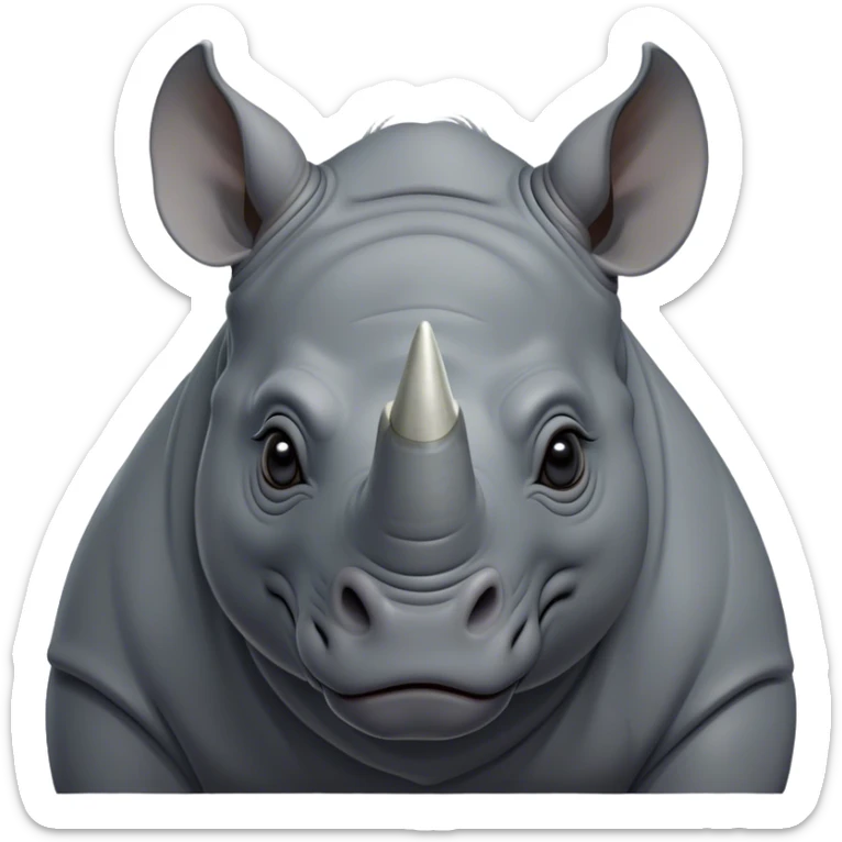 Cinematic Noble Rhinoceros Portrait Emoji, Poised and regal, with a massive, powerful build and a thick, armored hide of slate gray, deep-set soulful piercing eyes, Simplified yet sharp and sophisticated features, highly detailed, glowing with a soft, dignified glow, high shine, intelligent and formidable, stylized with an air of ancient might, focused and attentive, soft glowing outline, capturing the essence of a watchful and commanding behemoth, so majestic it feels as though it could charge out of the screen with effortless authority! sticker