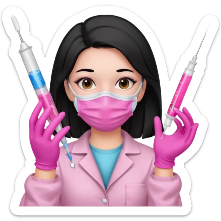 laboratorista con guantes rosa y mascarilla rosa  jeringa tubos  sin lentes pelo lacio negro y largo  sticker