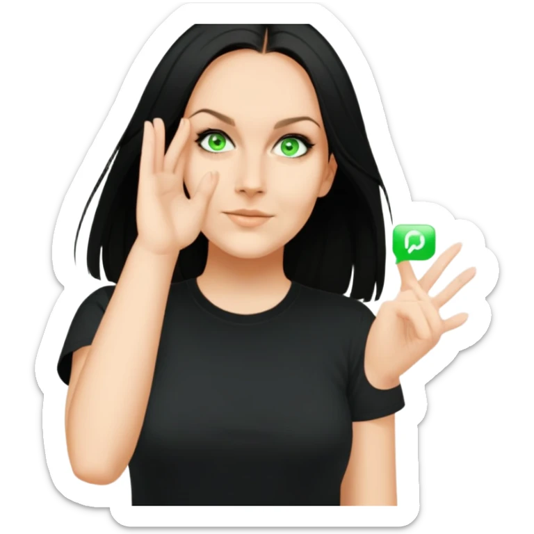 female, wearing black tshirt,  black hair sticker