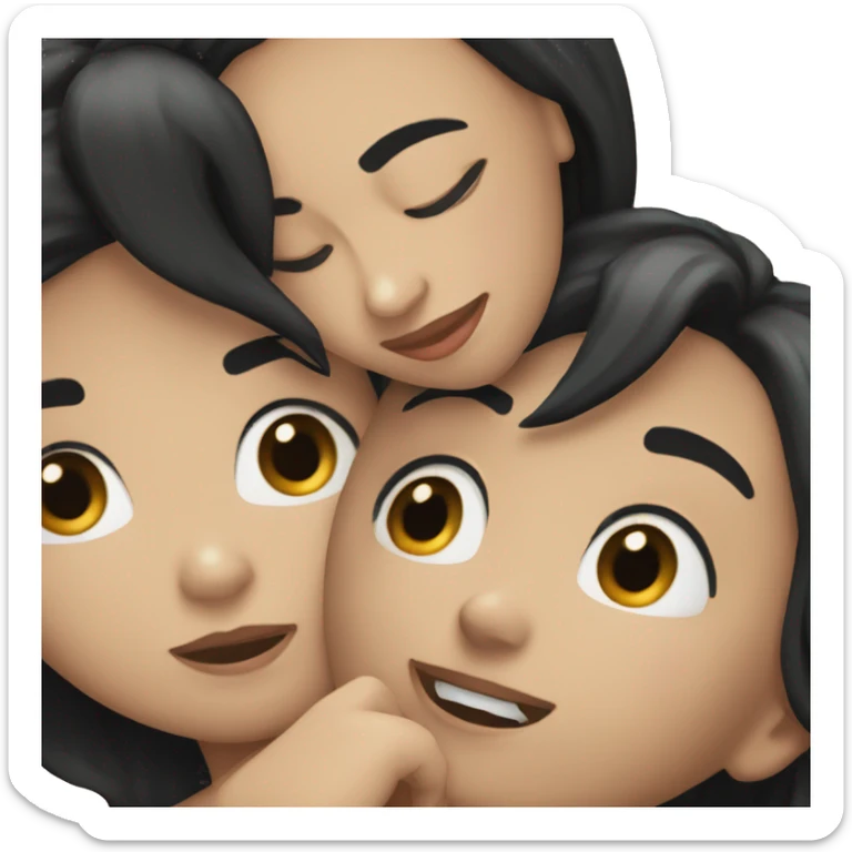 A lesbian couple with white skin and long black hair hugging intimately with their eyes closed sticker