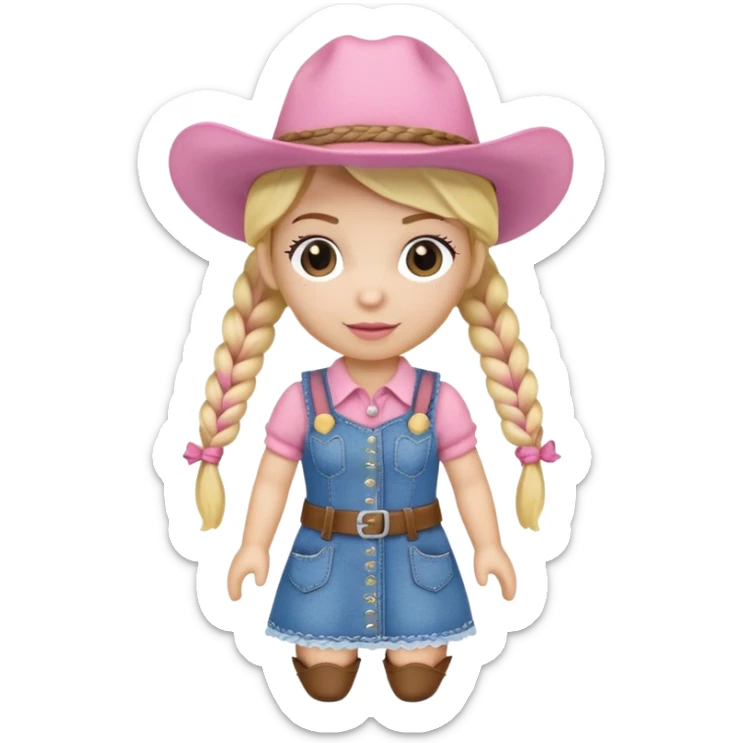 A soft plush cowgirl doll with a pink hat and blonde braids sticker