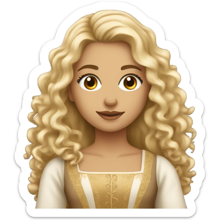 Pretty blonde woman with brown eyes, long curly hair, eyelashes, wearing Renaissance attire sticker