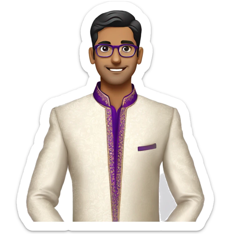 Full length Fair skinned south indian bridegroom wearing purple sherwani with floral design and wearing aviator style spectacles sticker