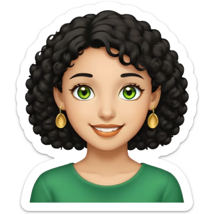 girl showing happiness, medium skin tone, short curly black hair, gold earrings, green eyes Minimal emoji showing happiness, medium skin tone, short curly black hair, gold earrings, green eyes sticker