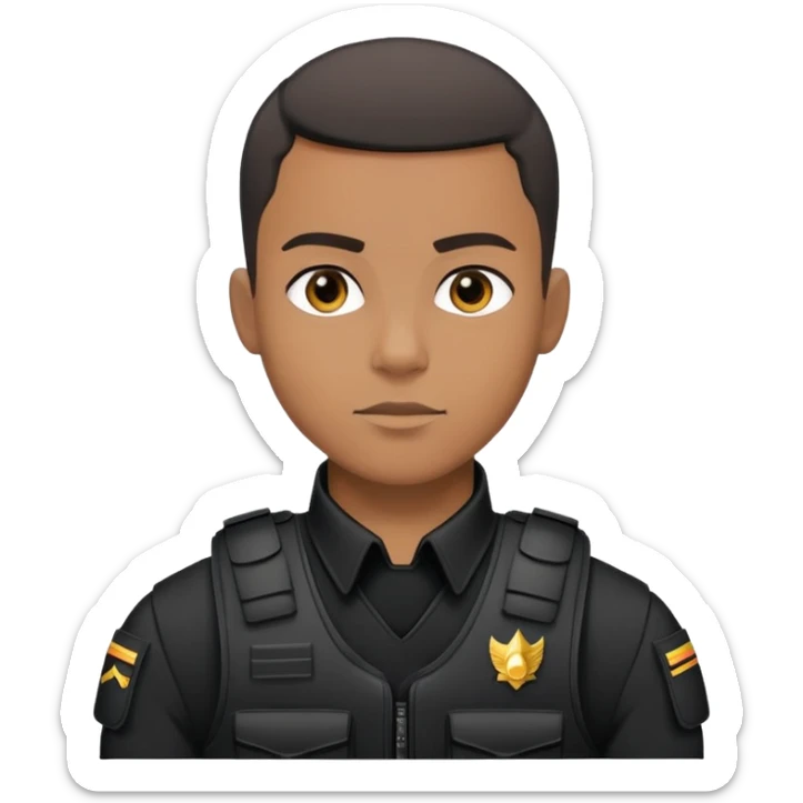 black soldier very short hair,  in black bulletproof vest, black uniform sticker
