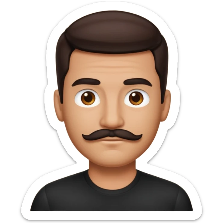 man emoji with medium tan skin, dark brown slicked-back hair, a well-groomed mustache with a black shirt sticker