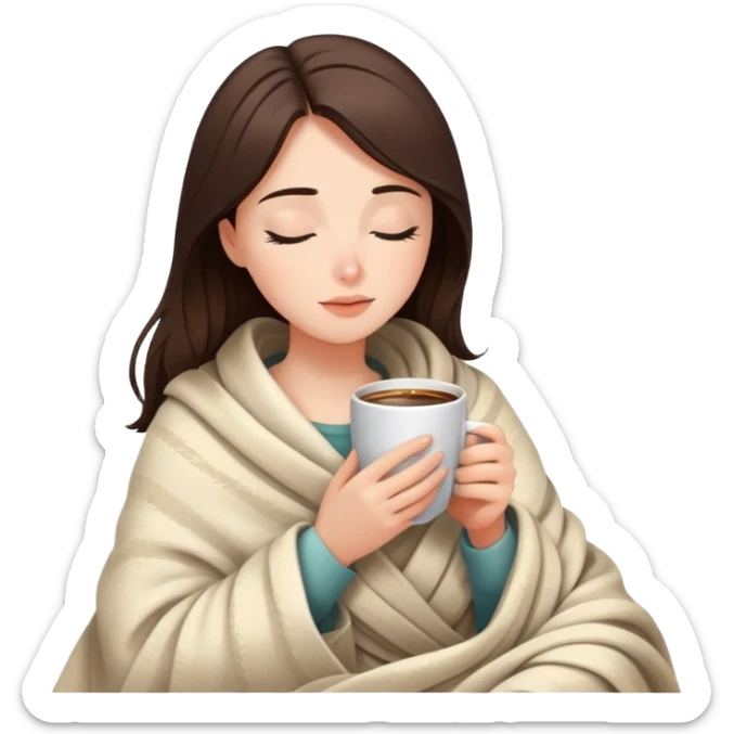 Brunette girl wrapped in cozy blanket sipping hot coffee with eyes closed sticker